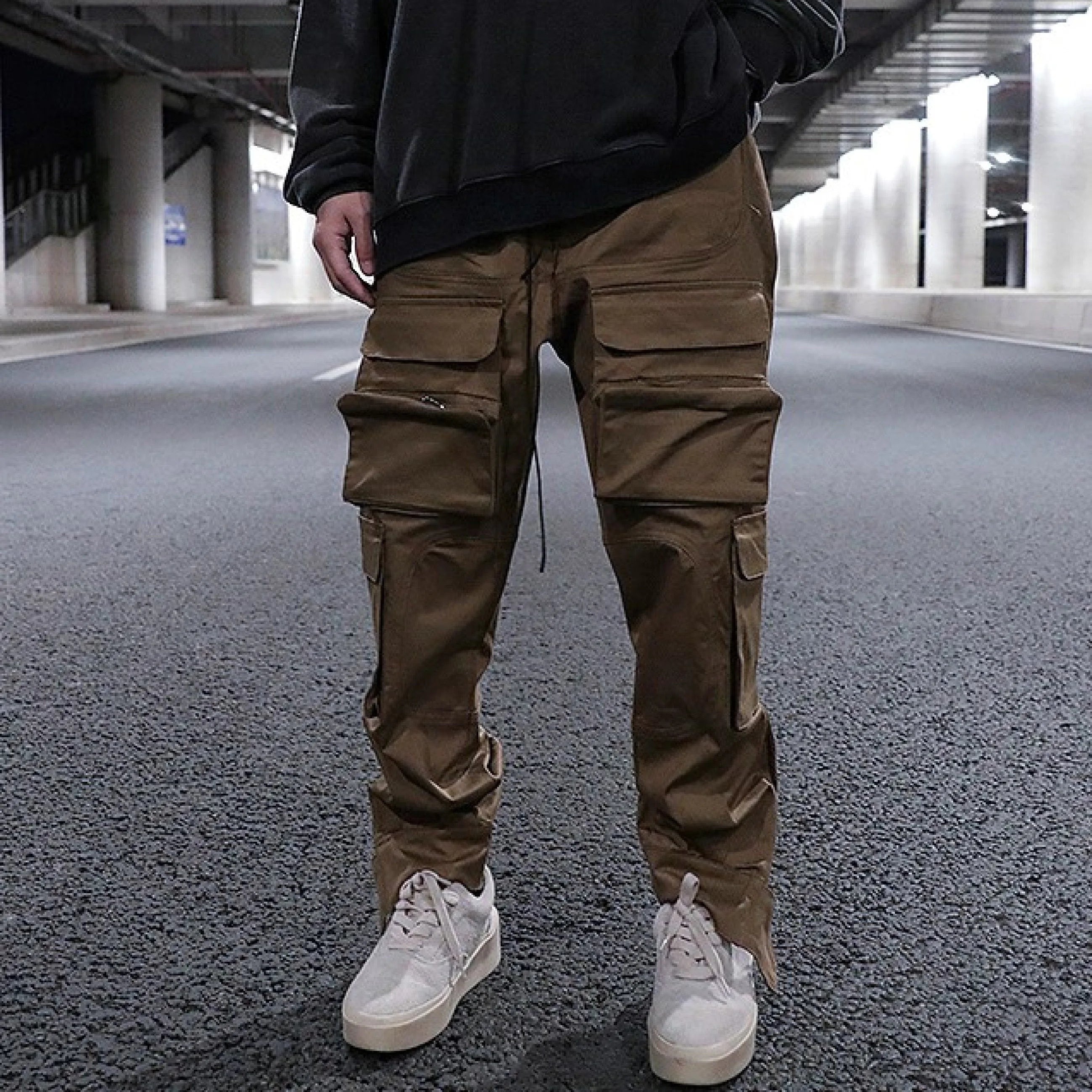 Custom Streetwear Cargo Sweatpants Trousers Brown Drawstring Multi Pocket Men's Cargo Pants