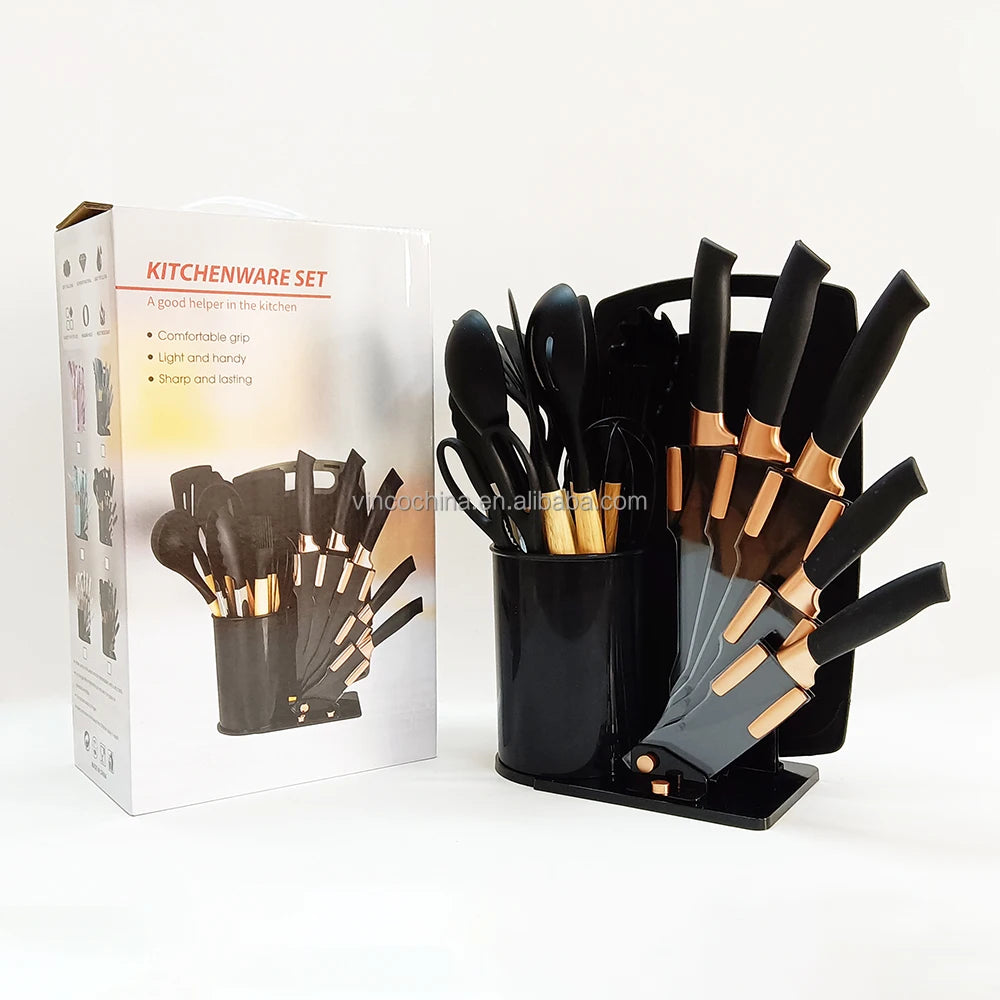 19 Pcs Non-Stick Kitchen Silicone Cooking Utensils and Knife Sets Scissors Cutting Board with Holder