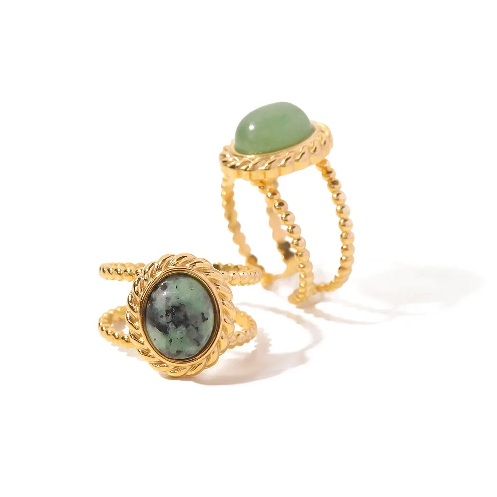 J&D Jewelry Natural Stone African Turquoise Agate Rope Sun 18K Gold Plated Stainless Steel Opening Rings