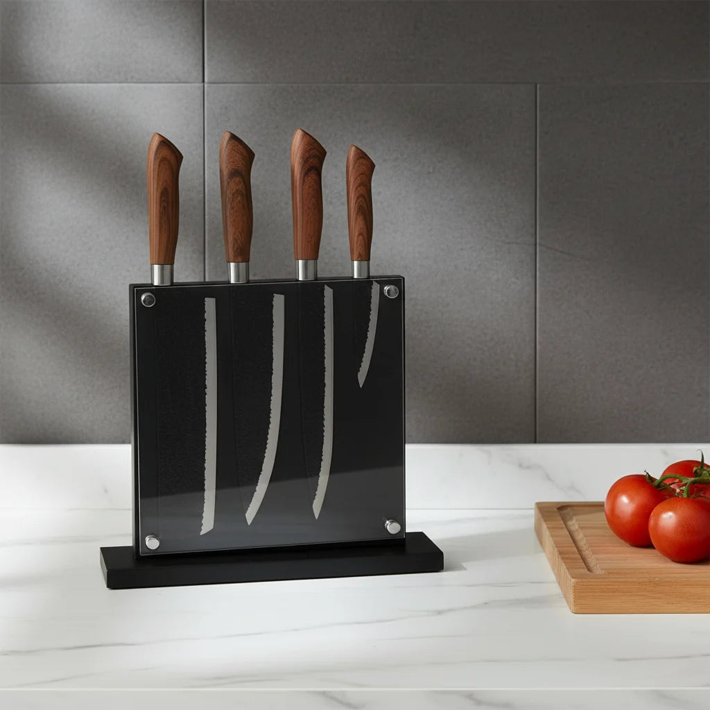 Strong Enhanced Magnets Multifunctional Acacia Wood Eco-Friendly Kitchen Knife Set Block Magnetic Knife Holder Non-slip Base