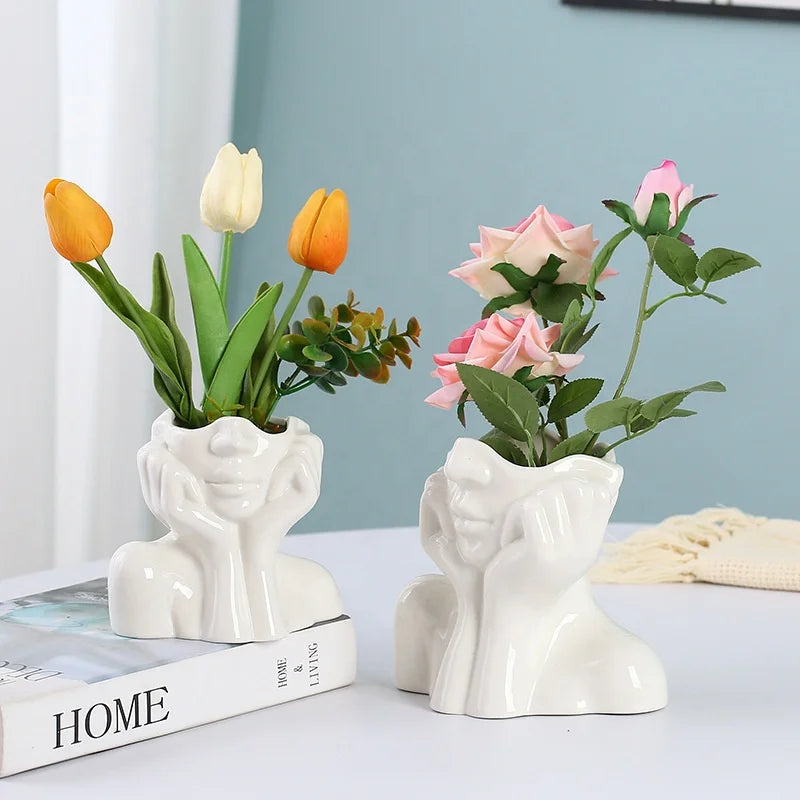 Nordic Style Body Art Ceramic Vase Ornaments Handicraft Human Face Vase Living Room Flower Vase