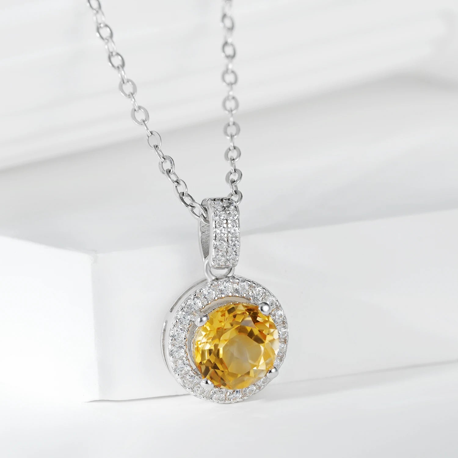 YBO Luxury 925 Sterling Silver Dainty Women's Pendant White Gold Plated Natural Citrine Engagement Wedding Necklace Trendy