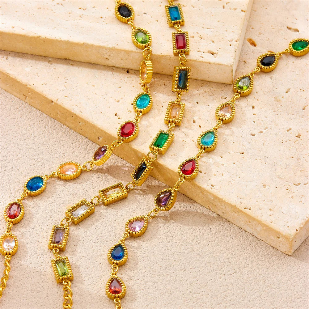 Trendy Women's Gold Plated Stainless Steel Micro-Inlaid Geometric Chain Bracelet with Oval Square Zircon Gemstones