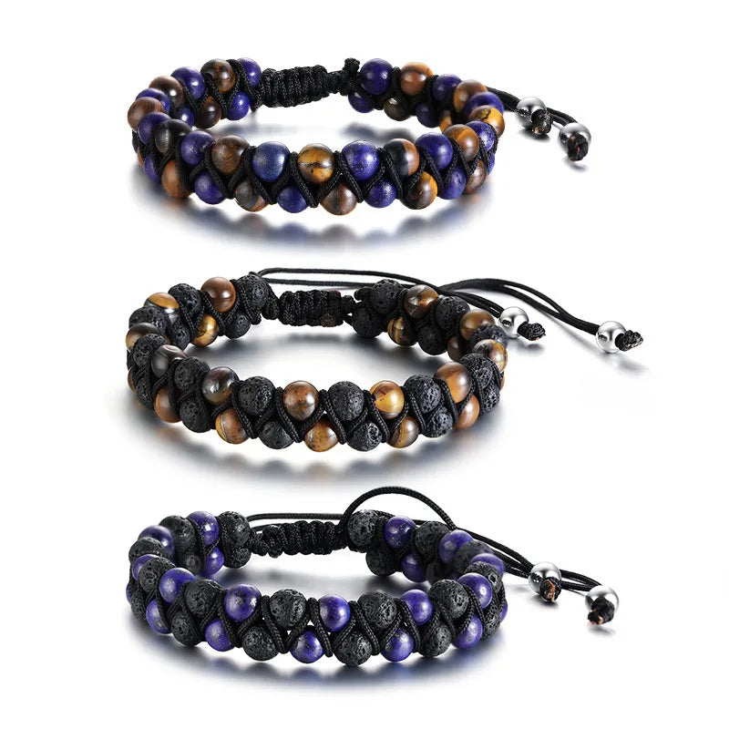 Jewelry Adjustable Men Bracelet Fashion tiger Eye Black lava Lapis Lazuli Stone Braided Double Layer Bracelets