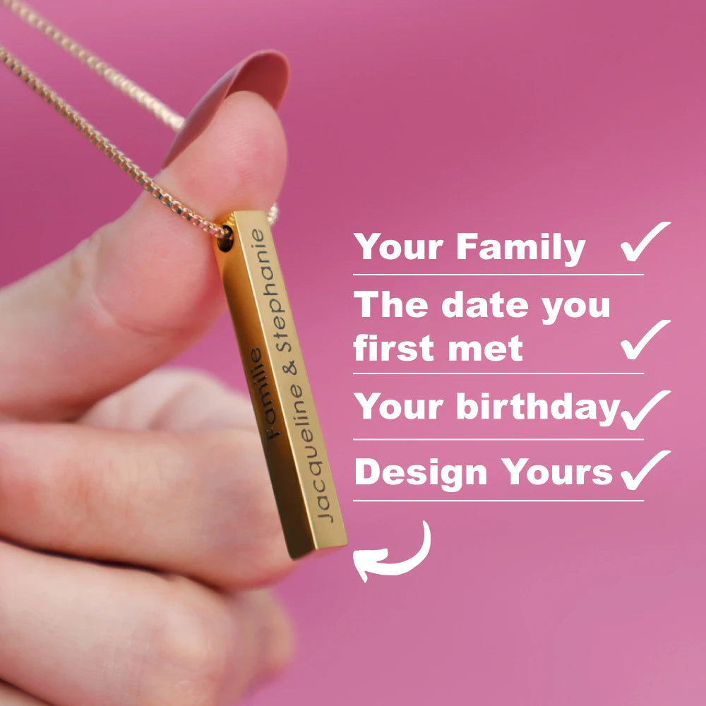 Customized Stainless Steel LOGO Name Engraved Rectangle Bar Pendant Necklace