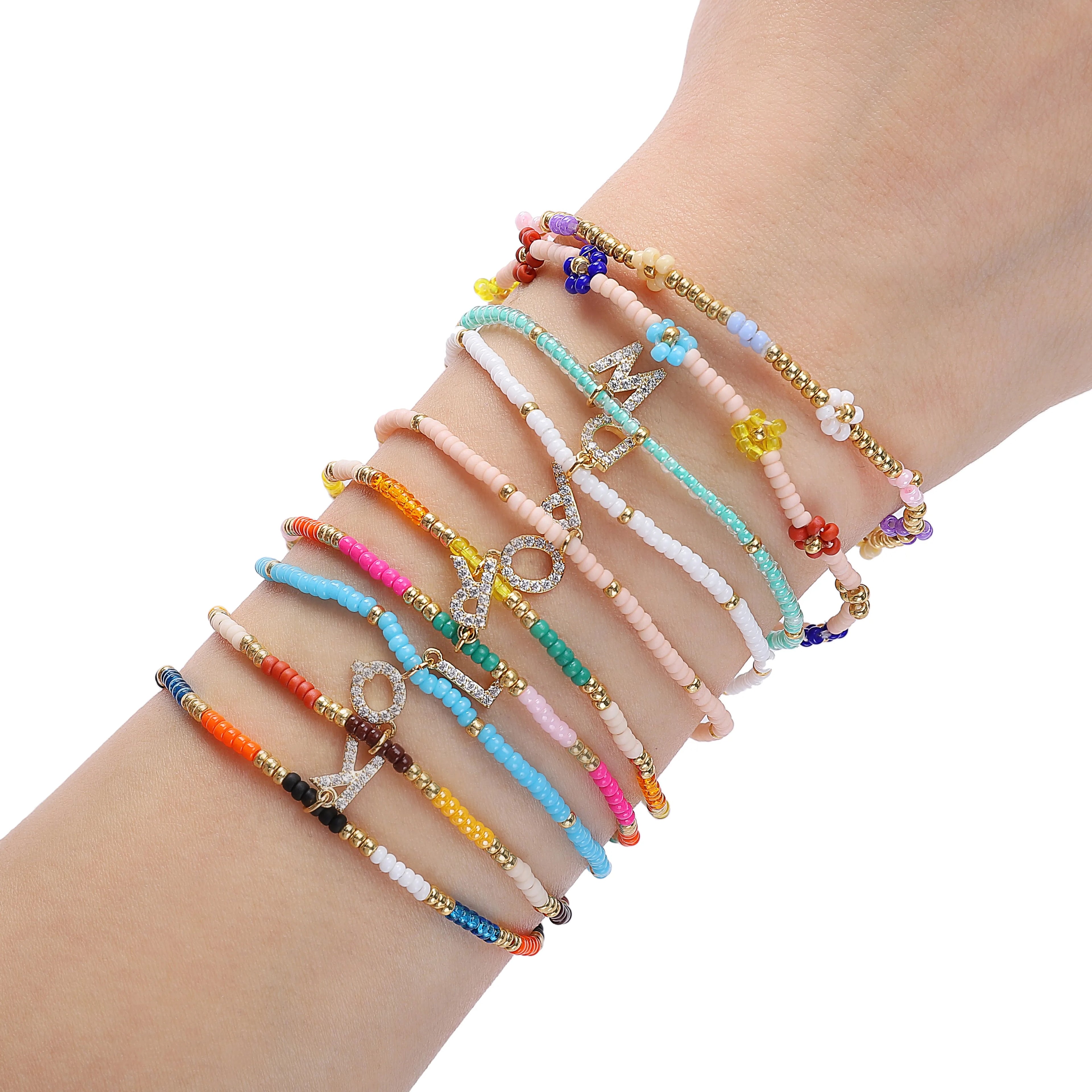 17CM Hand Made Jewelry Colorful Bohemian Women Charm Glass Miyuki Seed Bead Zircon Alphabet Letter Bracelet
