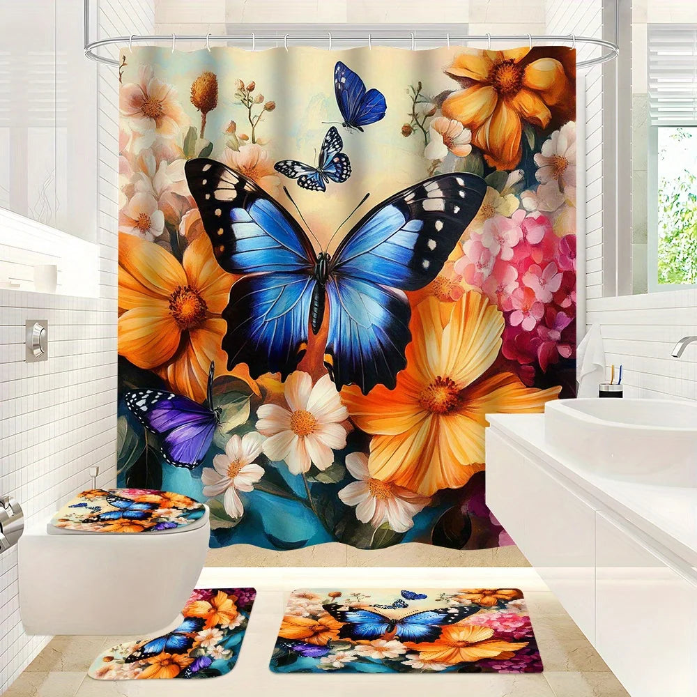 Elegant Modern Design 4pcs Butterfly Print Pattern Shower Curtain with 12 Durable Hooks Premium Quality Bath Accessory