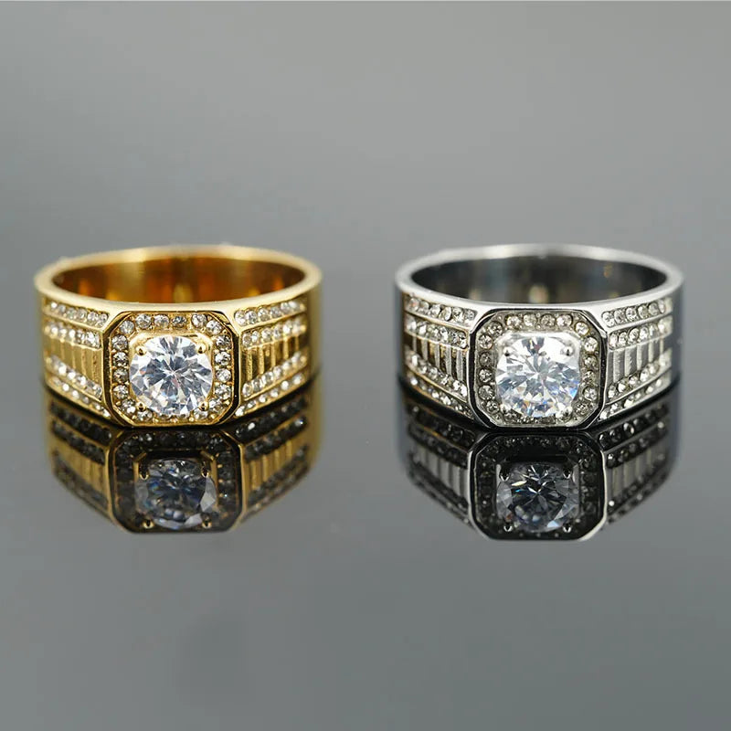 Fashion Trendy Men Engagement Wedding Ring Non Tarnish Stainless Steel Iced Out Cz Diamond Luxury Ring for Men