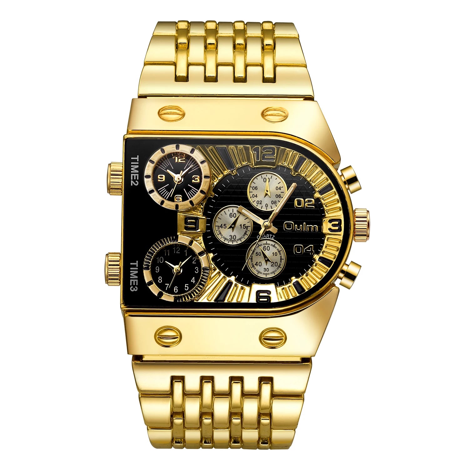 New Oulm Quartz Watches Men Multiple Time Zone Wristwatch Gold Stainless Steel Male Watch Relogio Masculino