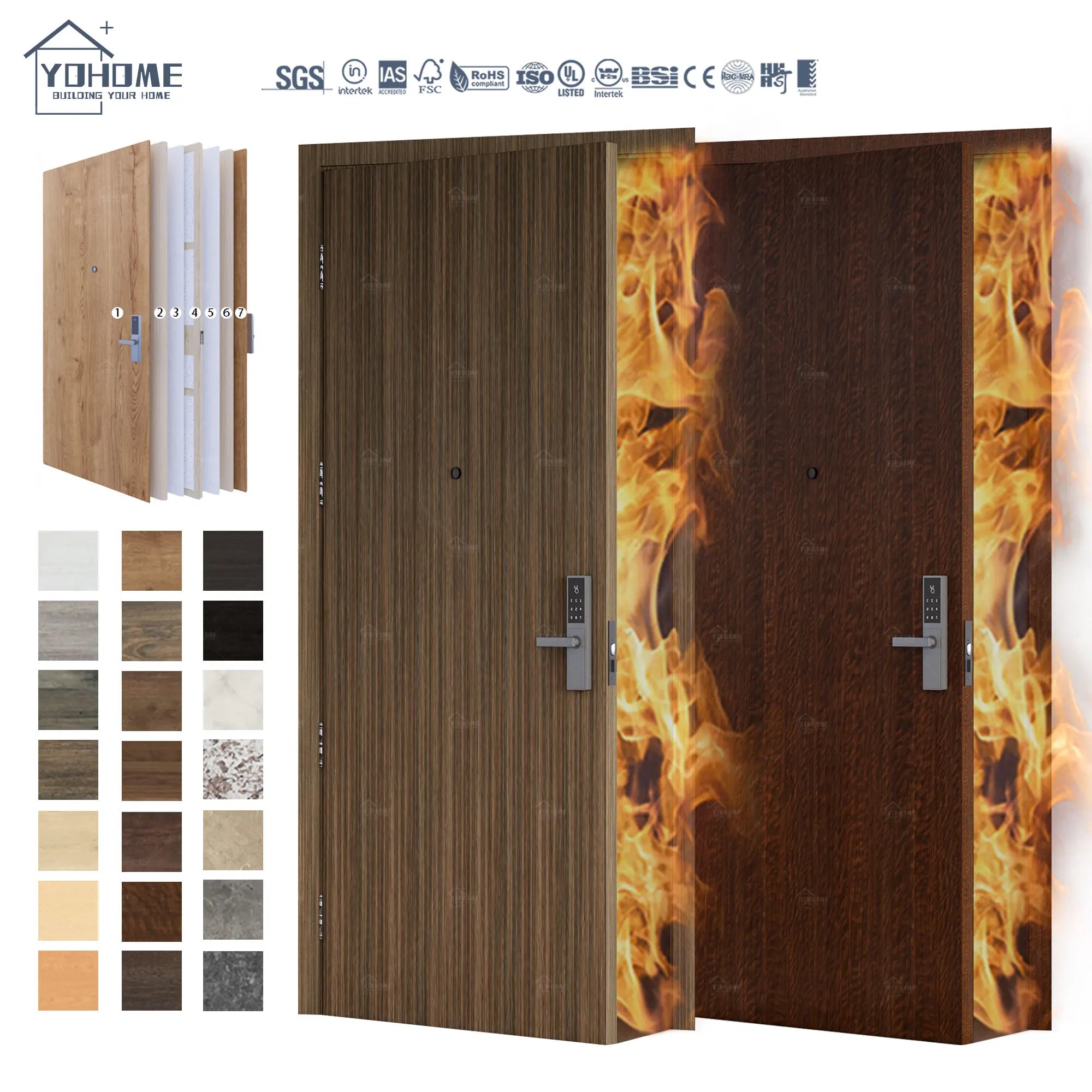 Foshan Yohome Custom Dubai Saudi Modern Fireproof Door Hotel Engineering Fire Rated Doors Wooden HPL 60 Minutes Fire Door