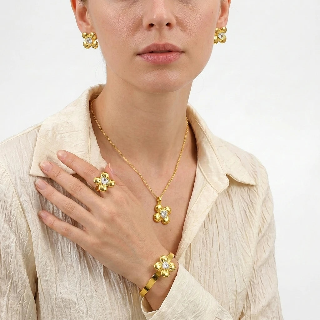 JUSNOVA Stainless Steel Four Leaf Clover Jewelry 18K PVD Gold Plated Puffy Flower Heart CZ Necklace Bangle Earrings Ring Set