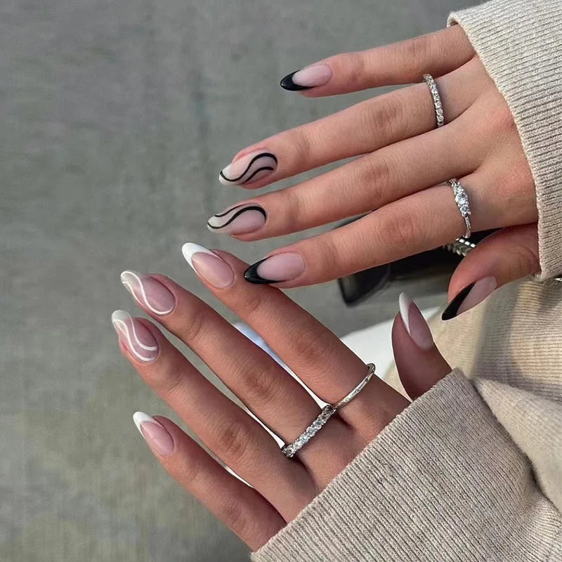 Fashion French Almond Round Oval pink Black Wave Press on Nails Fake Nails Artificial Fingernails