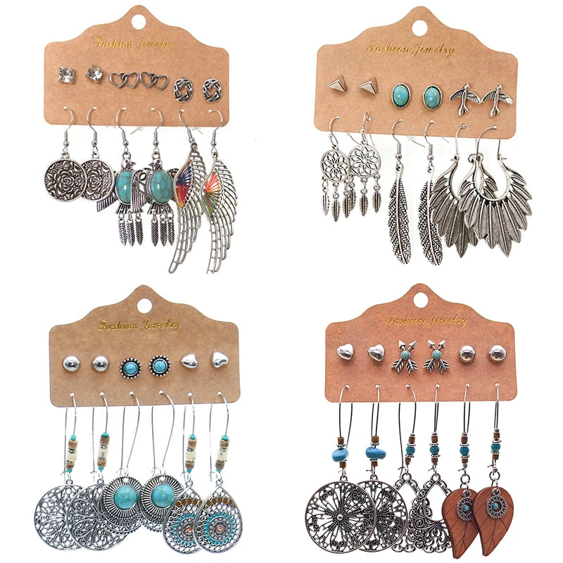 6pair/card Fashion Vintage Bohemian Geometric Turquoise Heart Crystal Ear Stud Ethnic Boho Earring Set for Women Ladies