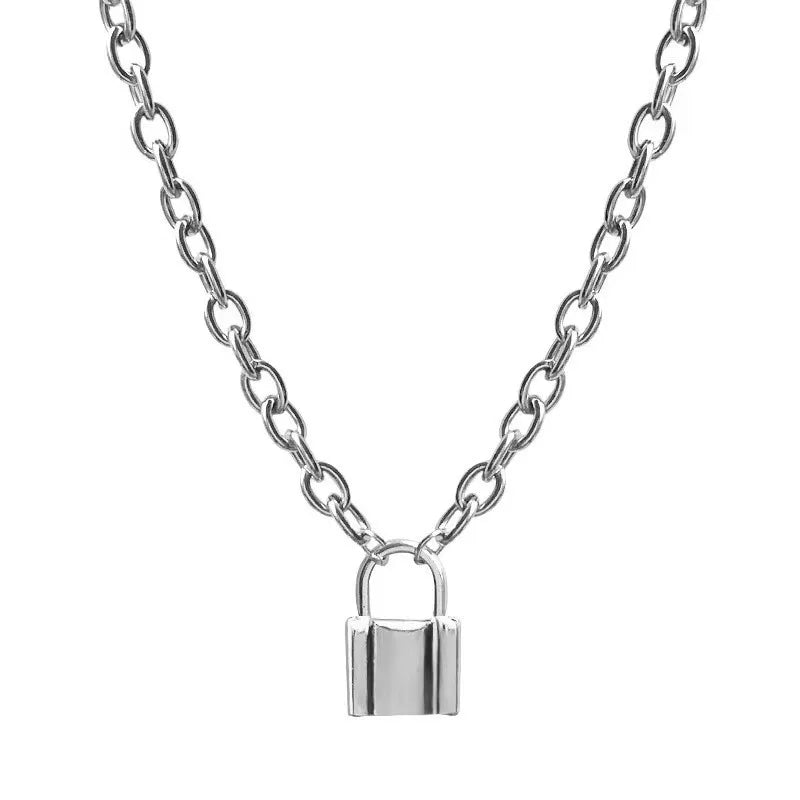 Custom Gold Plated Stainless Steel Silver Color PadLock Pendant Necklace with Link Chain for Women Men's Collar Great Gift Idea