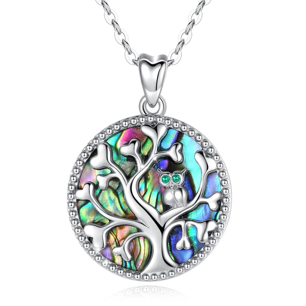 Isunni Tree of Life With Wise Owl Pattern S925 Sterling Silver Rhodium Plated Colour Mother of Pearl CZ Pendant Necklaces