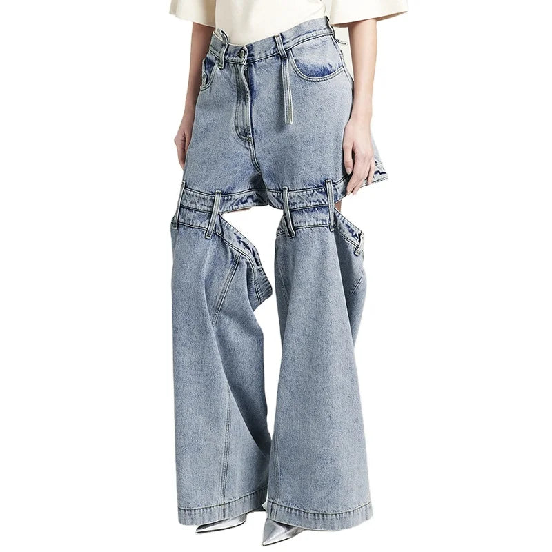 TWOTWINSTYLE High Waist Full Length Patchwork Pockets Denim Jeans Pants for Women