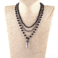 Fashion Black Crystal Rosary Link Chain Long Hexagon Transparent 3 Layer Strand Multiple Choker Necklace Druzy Pendant Necklace