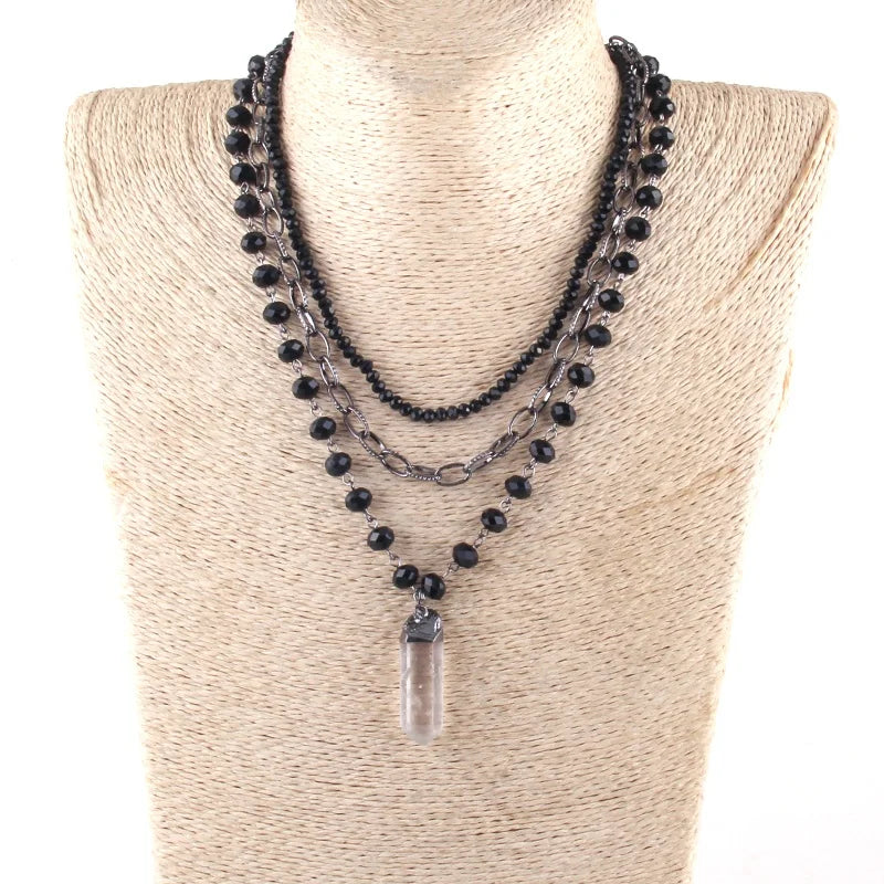 Fashion Black Crystal Rosary Link Chain Long Hexagon Transparent 3 Layer Strand Multiple Choker Necklace Druzy Pendant Necklace
