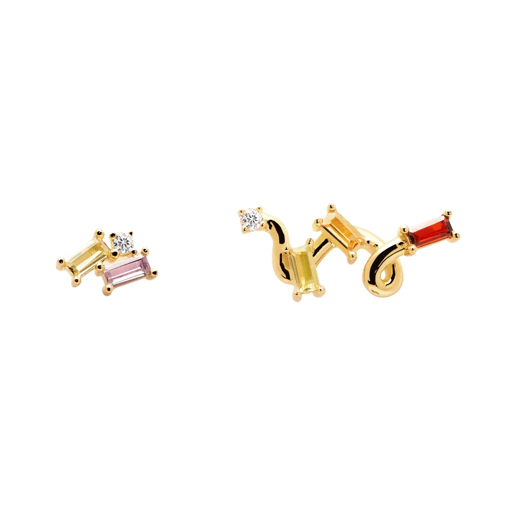 Fashion Jewelry Rainbow CZ Diamond Gold Baguette Stud Earring Sterling Silver