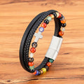 New Product Genuine Leather Bracelet Stainless Steel Magnetic Clasp Triple Layers Cross Charm Tiger Eye Stone Leather Bracelet