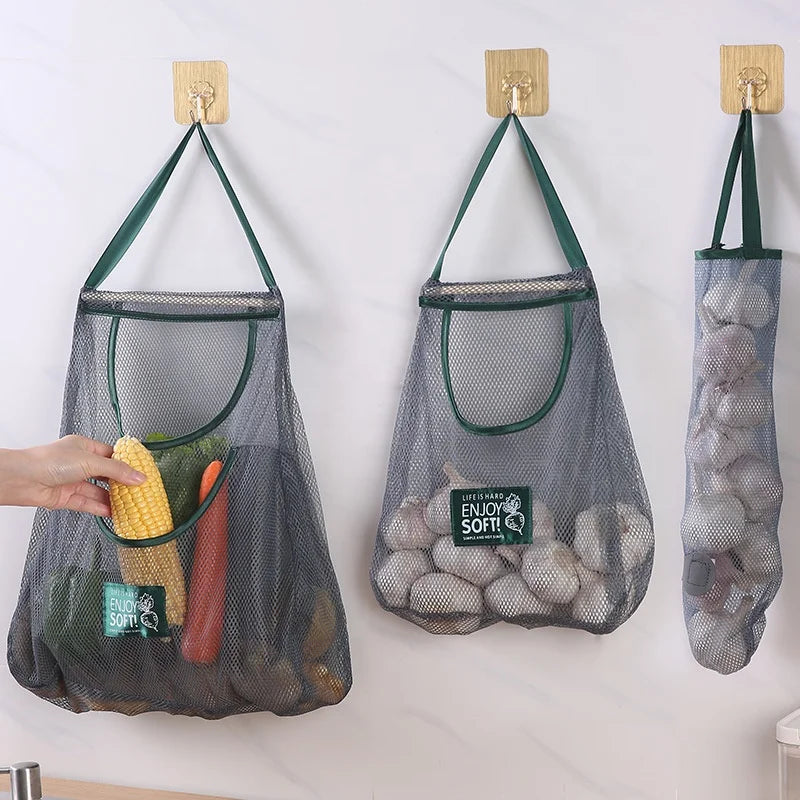 Reusable Hanging Storage Vegetable Mesh Bag Washable Wall Fruit Basket for Garlics Potatoes Onion Pantry Ginger Organizer