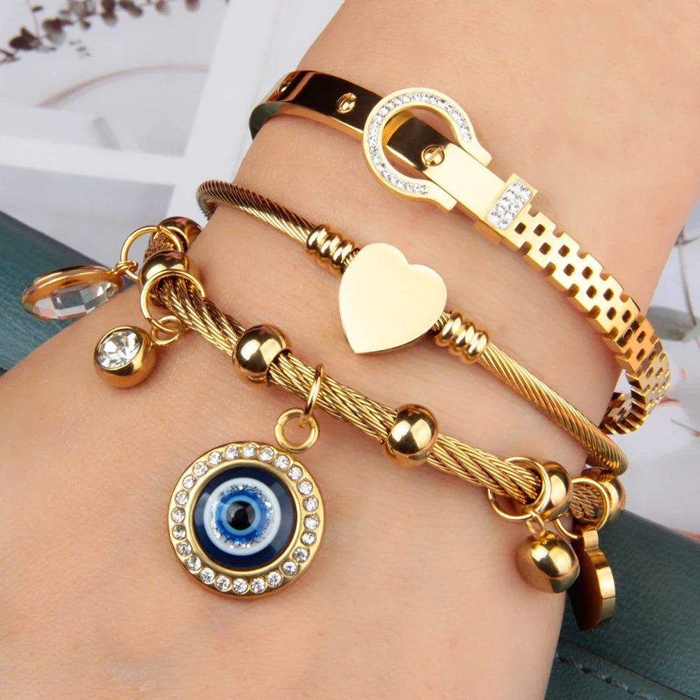 1 Set 3Pcs High Jewelry Bracelets and Bracelets Exaggerated Multi-Style Hanging Small Keys Blue Eye Stainless Steel  Bracelet