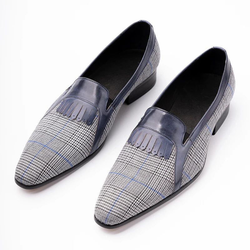 Custom Blue Denim Leather Loafer Men's Slip-On Dress Business Casual Shoes Pointed Handmade Breathable Rubber Outsole Holiday