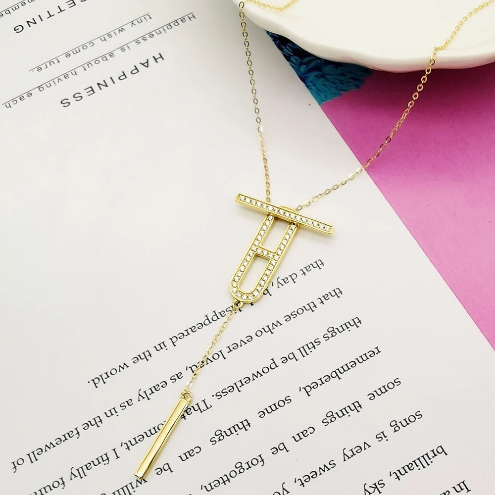Wholesale Paper Clip Chain Necklace Trendy Style Women Gold Jewelry 9k Real Gold With Zircons Dangle Pendant Necklace