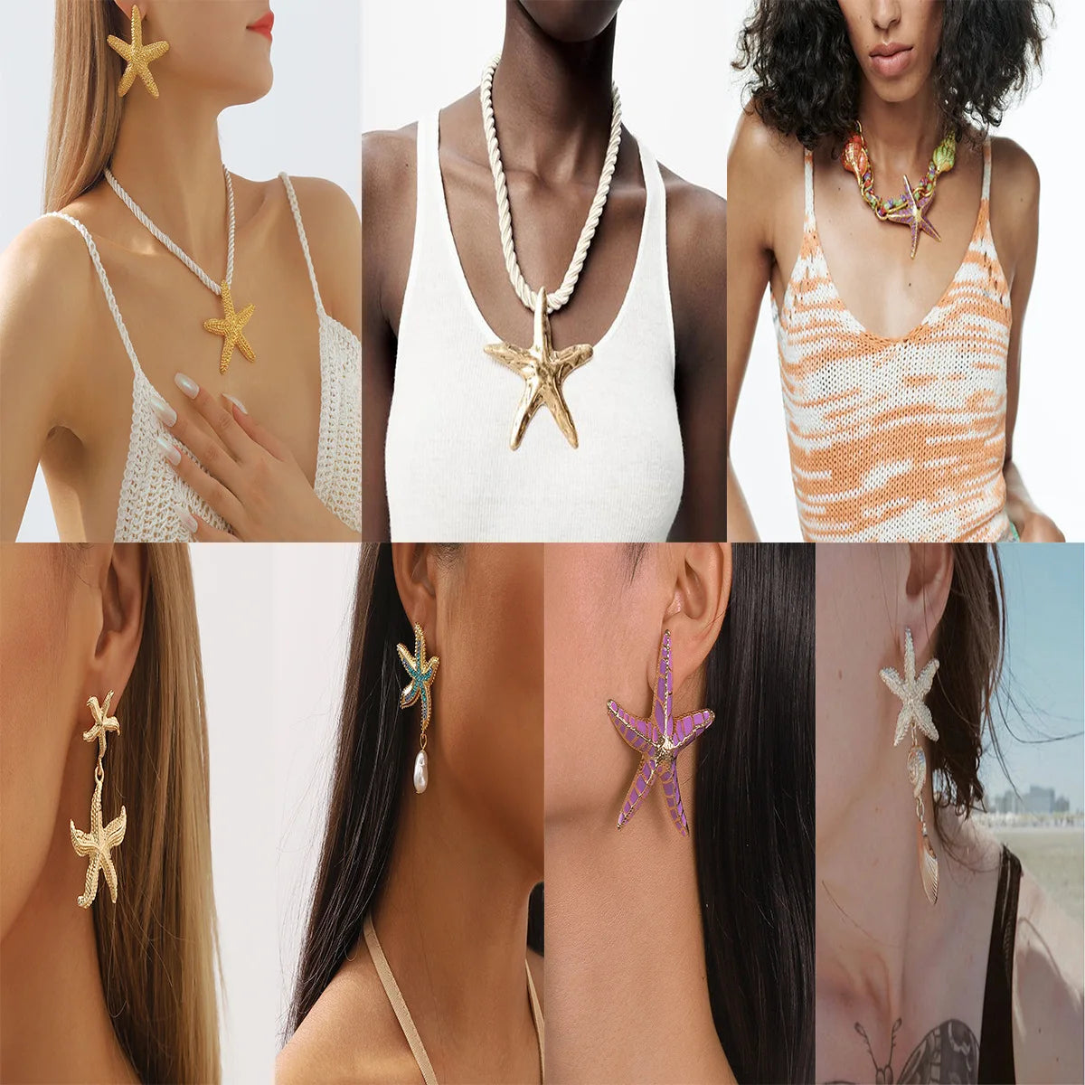Gold Plated Starfish Shell Earrings & Necklace Set Women's Chunky Conch Seashell Stud Summer Beach Jewelry Gift Wholesale Alloy