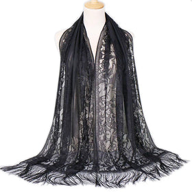 MIO 170*65cm Fringe Lace Malaysia Lightweight Women Scarf Fashion Solid Color Tassel Shawl Hollowed Long Hijab Scarf Wraps
