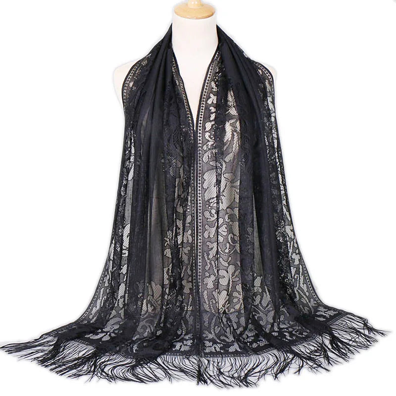 MIO 170*65cm Fringe Lace Malaysia Lightweight Women Scarf Fashion Solid Color Tassel Shawl Hollowed Long Hijab Scarf Wraps
