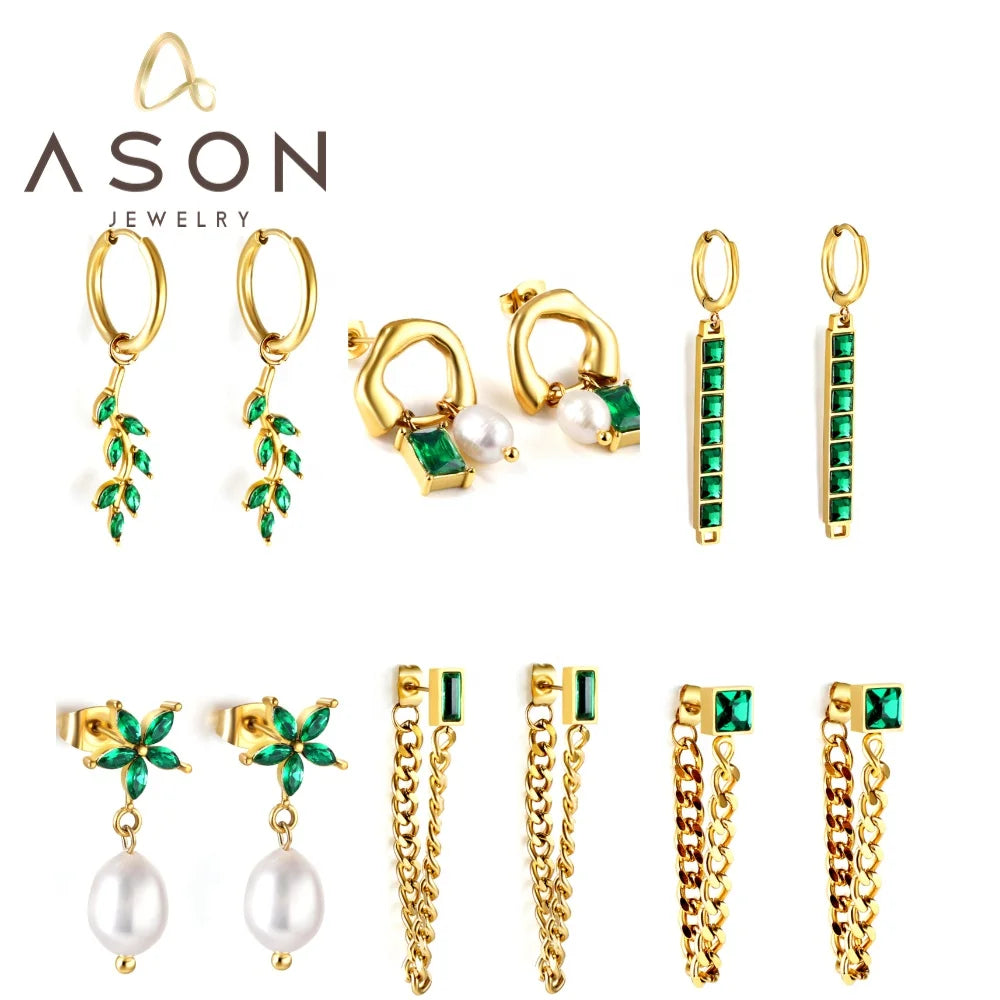 Ason Jewelry New Unique Design Natural Freshwater Pearl Pendant Earrings Stainless Steel Fashion Green Zircon Earrings