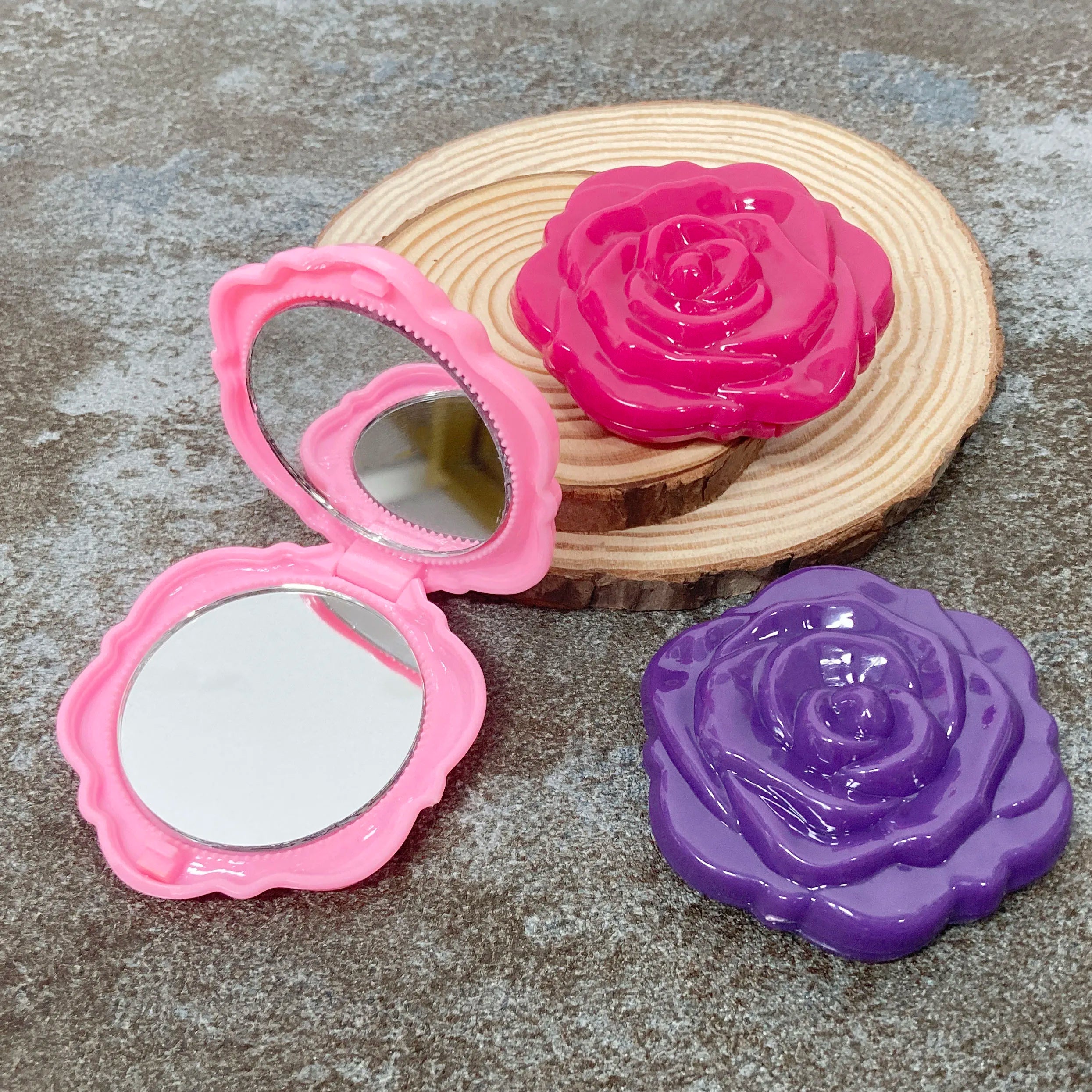 Rose Shaped Double Sided Makeup Mirror Hot Sale Portable Travel Plastic Makeup Mirror