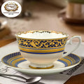 Luxury Blue Wedding Party Hotel Afternoon Tea Ceramic Bone China Tea&coffee Cup Set with Dish Sets With 3D Embossed Golden Trim