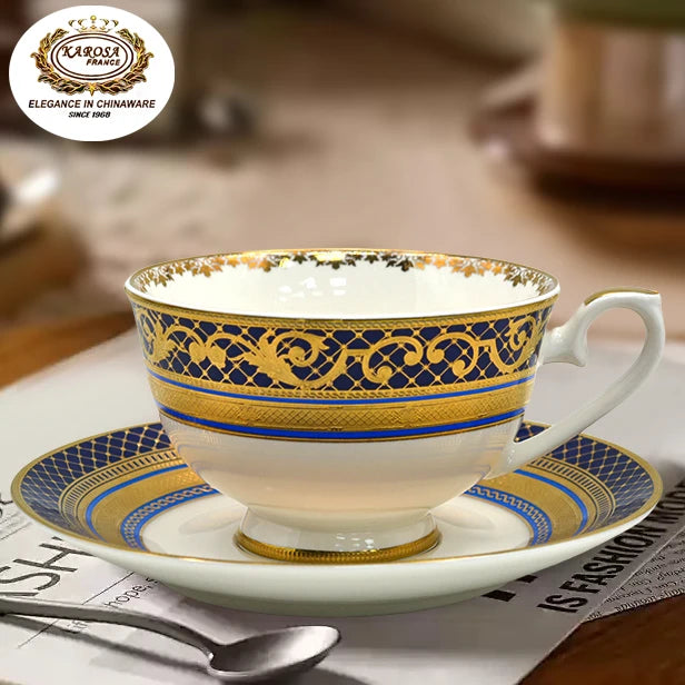Luxury Blue Wedding Party Hotel Afternoon Tea Ceramic Bone China Tea&coffee Cup Set with Dish Sets With 3D Embossed Golden Trim