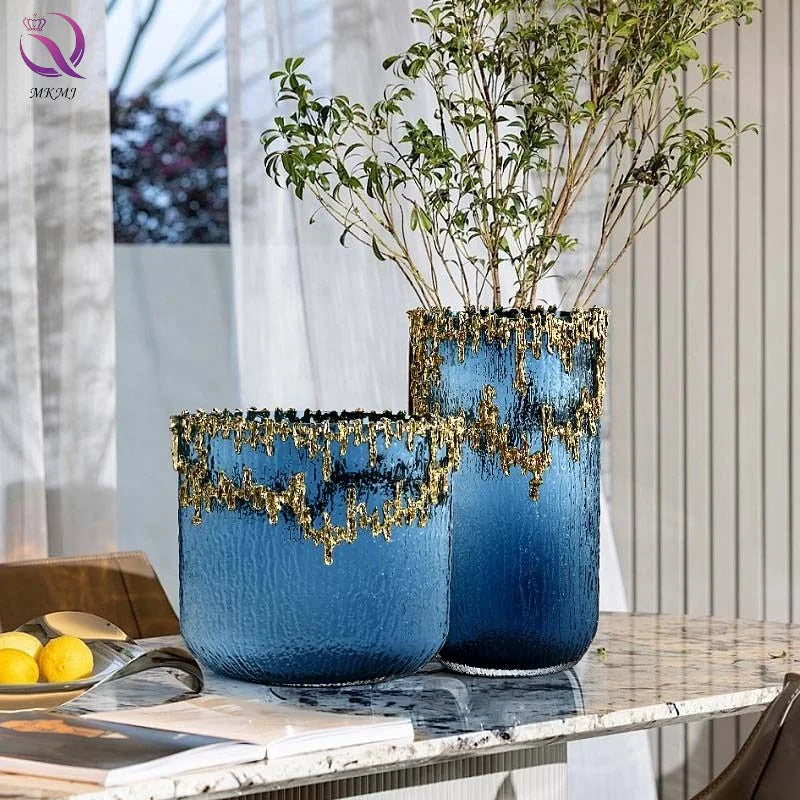Clear Large Diameter Water Nourishing Plant Container Blue Glacier Design Flower Vase Nordic Style Glass Vase for Home Decor
