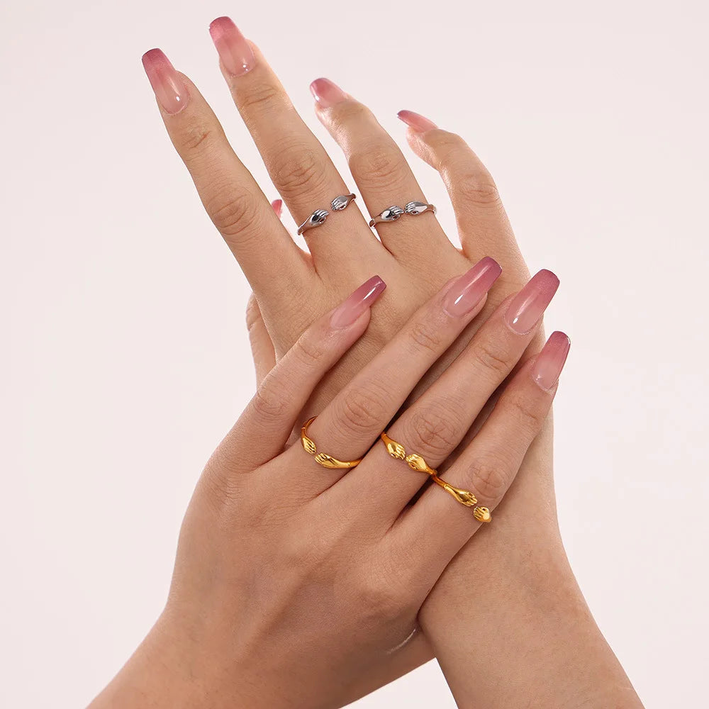 New Arrival 18K Gold Plated Stainless Steel Double Hand Open Ring Modern Minimalist Fashion Statement Women Jewelry Gift
