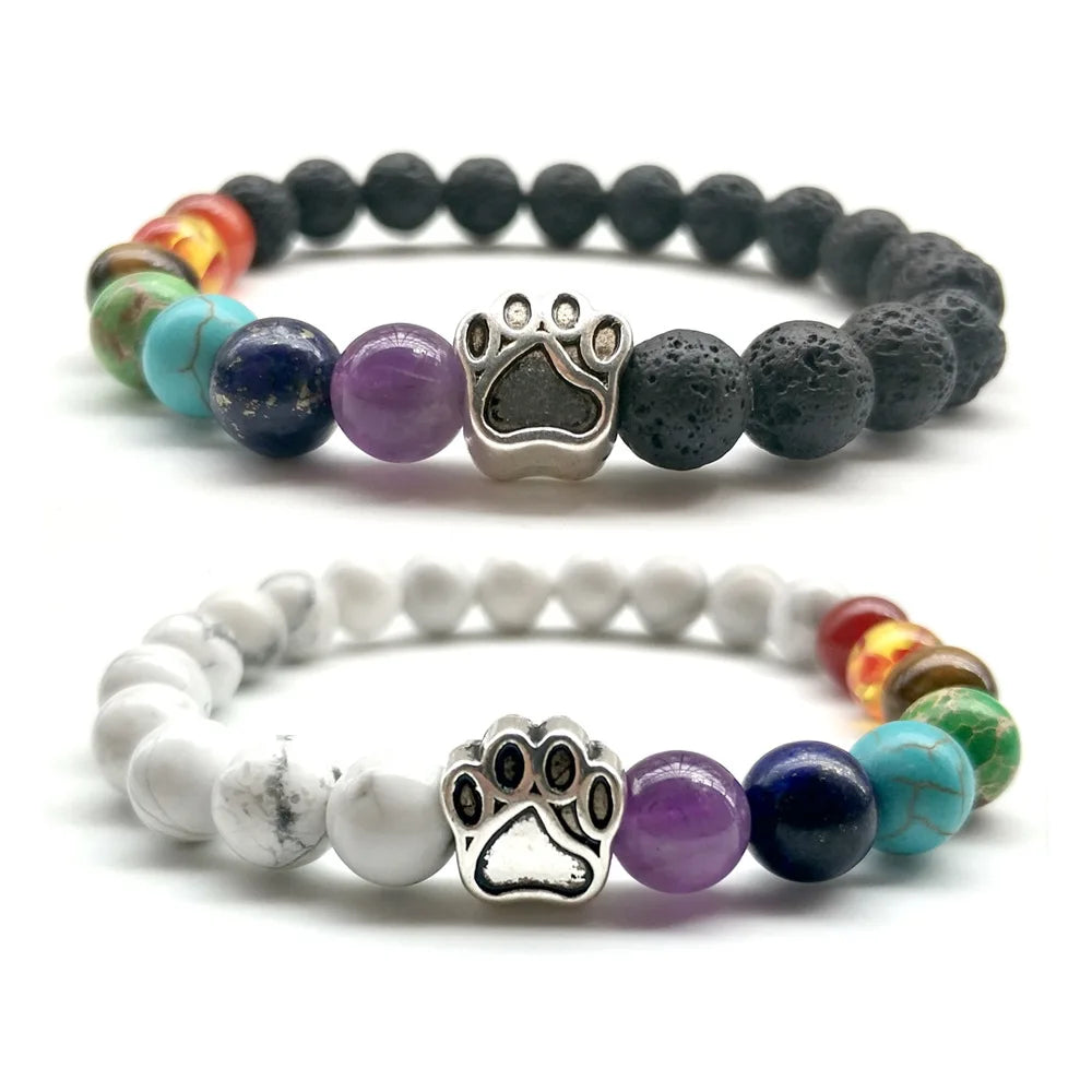 New Dog Hand Paw Charm 8mm White Howlite & Lava Stone Mala Bead Yoga Elastic Bracelet for Men Women Gift