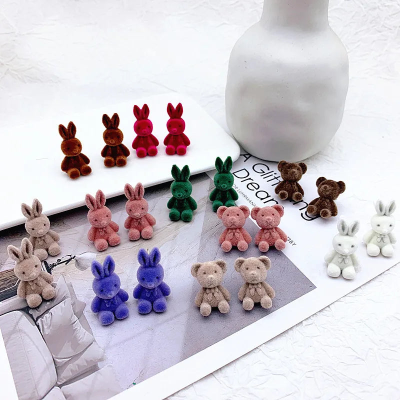 Korean Version Silver Color Needle Earrings Fun Mori Stud Earrings Cute Flocked Bunny Bear Earrings for Women Girls