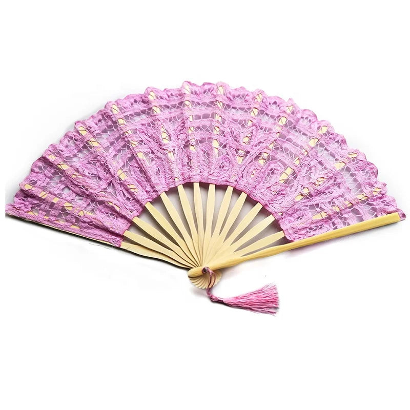 Abanicos De Mano White Lace Fabric Fan Custom Bamboo Folding Hand Fan for Dancing Party Wedding Fan