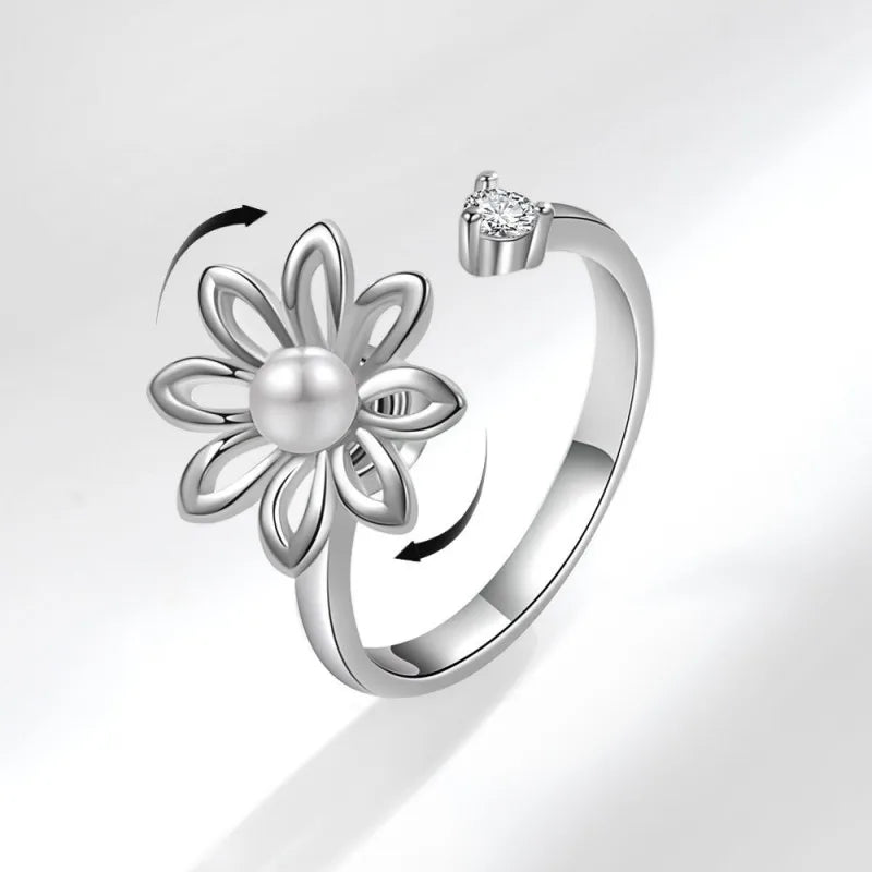 Adjustable Open Cubic Zirconia Flower Spinner Anxiety Rotate Fidget RingsDaughter Girlfriend Birthday Valentine's Day Gifts