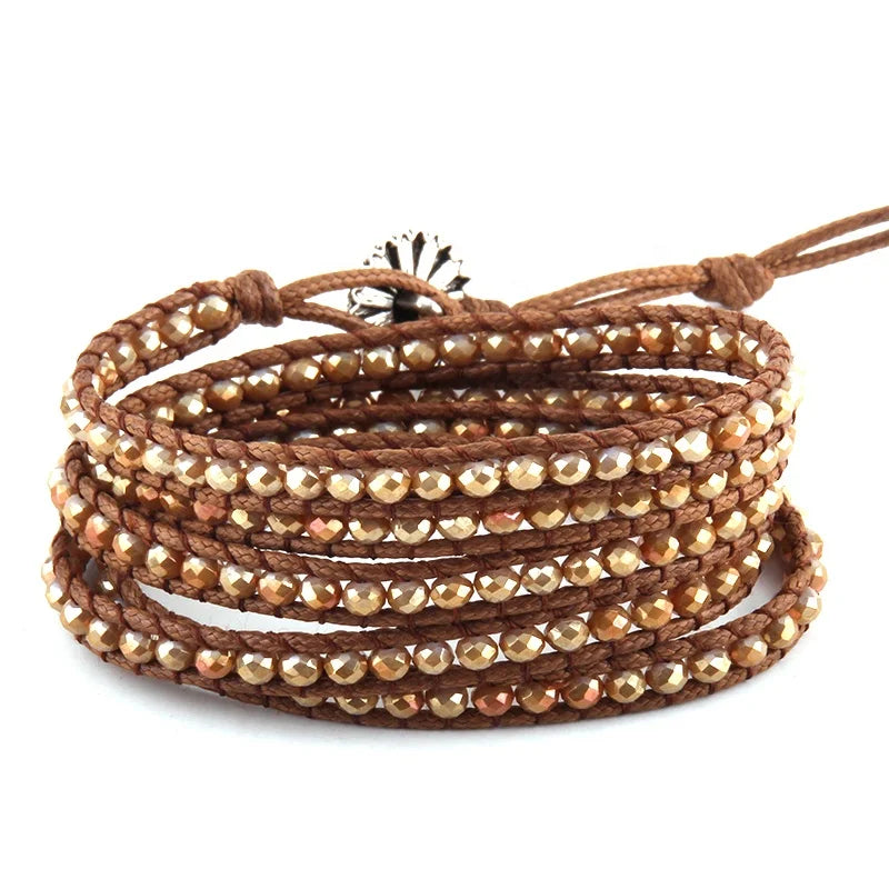 Fashion Women Jewelry 4mm Hematite Gold Grey Crystal Glass Beads Weave Bracelet Handmade 5 Leather Wrap Bracelets