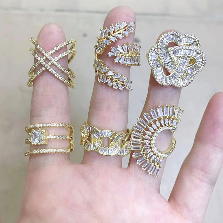 RM1353 New Unique 18k Gold Plated Diamond Cubic Zirconia CZ Paved Cluster Link Chain Bone Joint Rings for Women Girls
