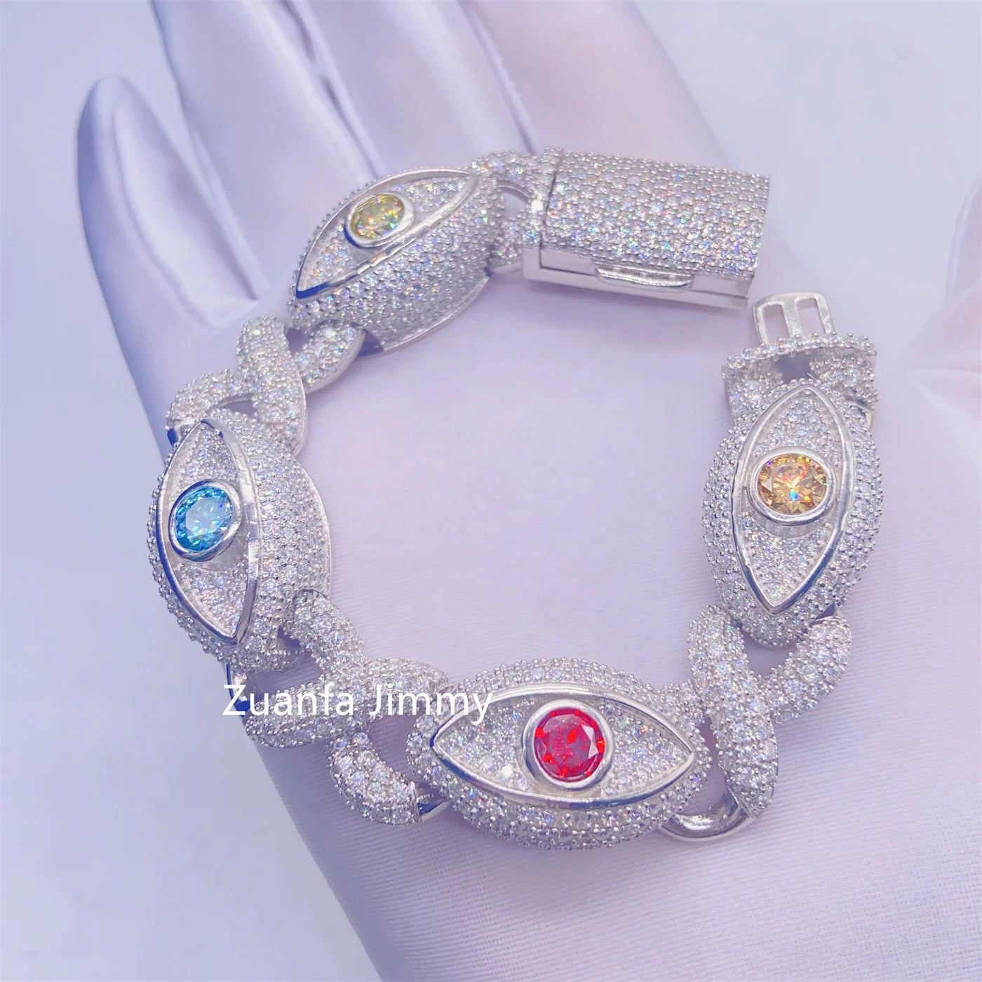New Design Fashion Style Sparkly Iced Out Rapper Jewelry 15mm VVS1 Baguette Moissanite Evil Eyes Bracelet
