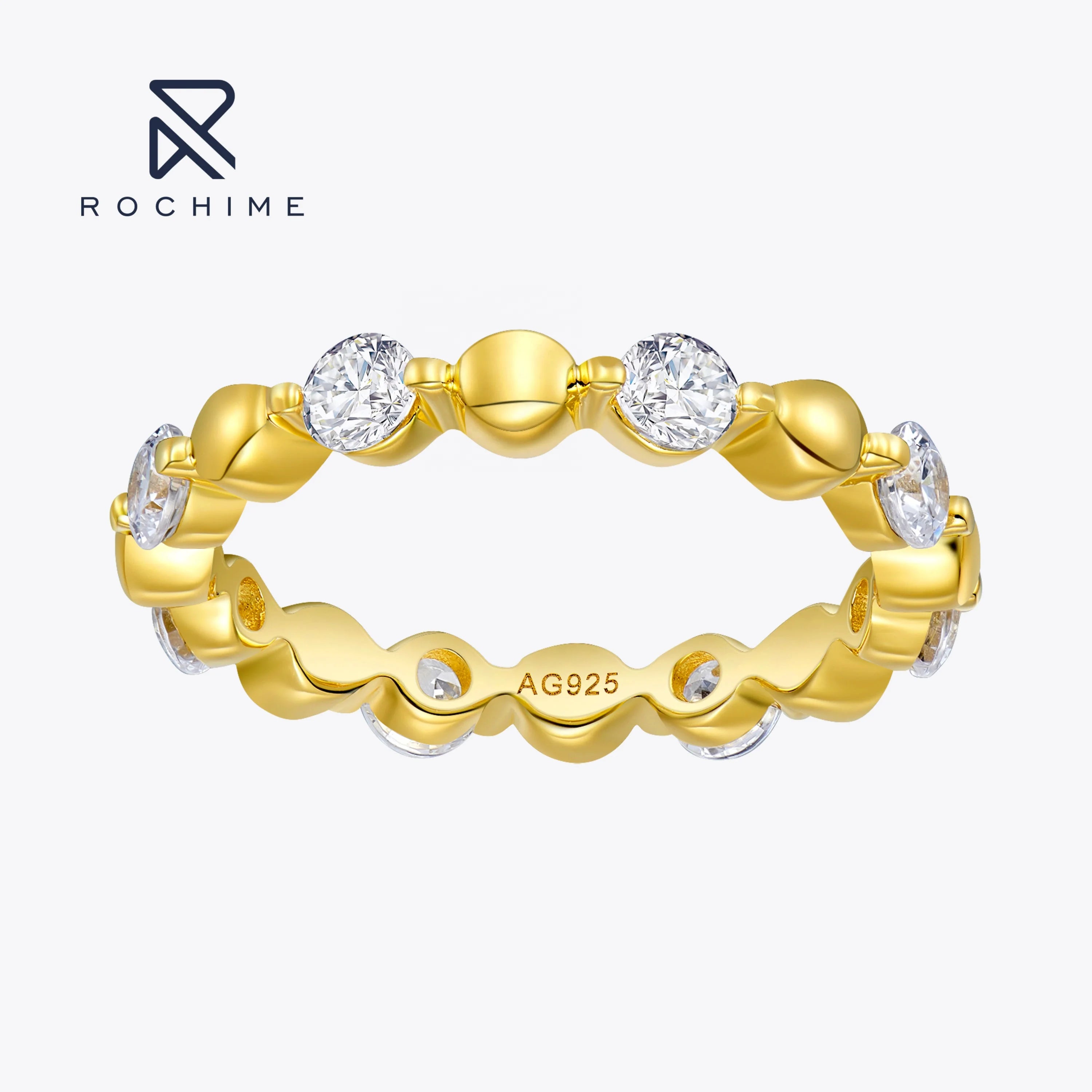 Rochime  Vintage Eternity Band Yellow Gold Plated S925 Silver Ring Luxury Fine Jewelry for Female