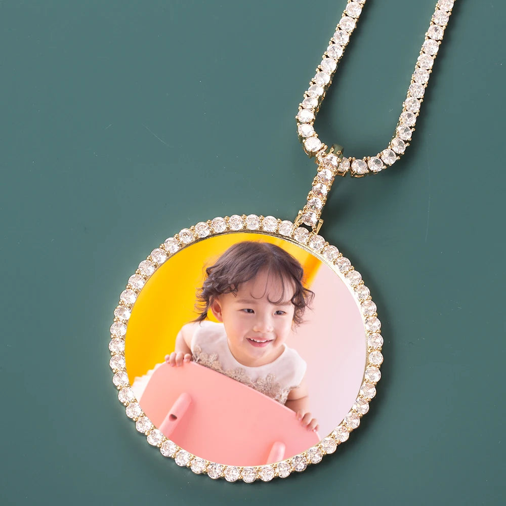 Custom Made XL Big Round Photo Round Medallions Cubic Zircon Pendant Necklace With Tennis Chain Hip Hop Jewelry for Men Women