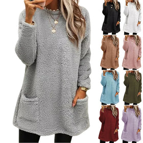Women's Long Sleeve Winter Warm Tunic T-shirt Tops New Plush Pullover Sweaters with Pocket Casual Knitted Sweatshirts