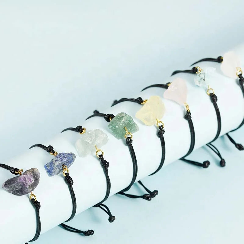 Handmade Natural Mixed Crystal Raw Stone Leather Cord Charm Bracelet Rose Quartz Unisex Bohemian Style