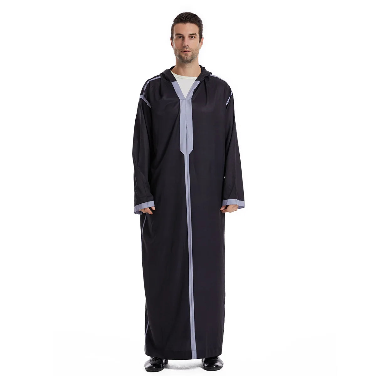 Men's Casual Saudi Arabic Thobe Long Sleeve Ramadan Dress Hood Loose Fit Middle East Islamic Robe Digital Feature Long Spring