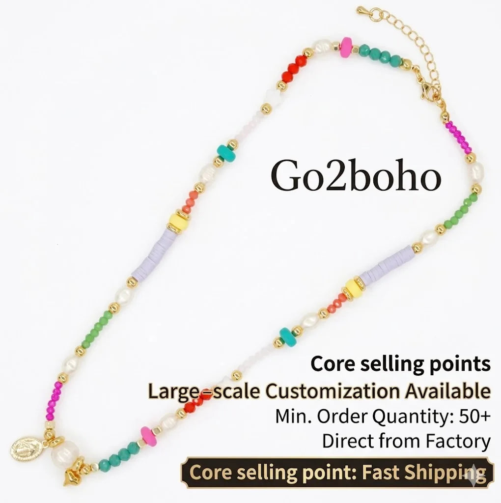 Go2boho Summer Boho Jewelry Mixed Bead Colorful Crystal Heishi Freshwater Jasper Stone Fashion Necklace for Women